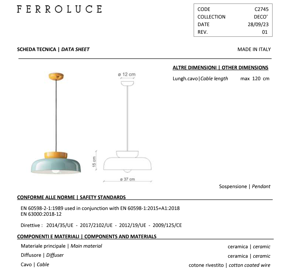 Maracanà C2745 lampadario sospensione ceramica blu giallo