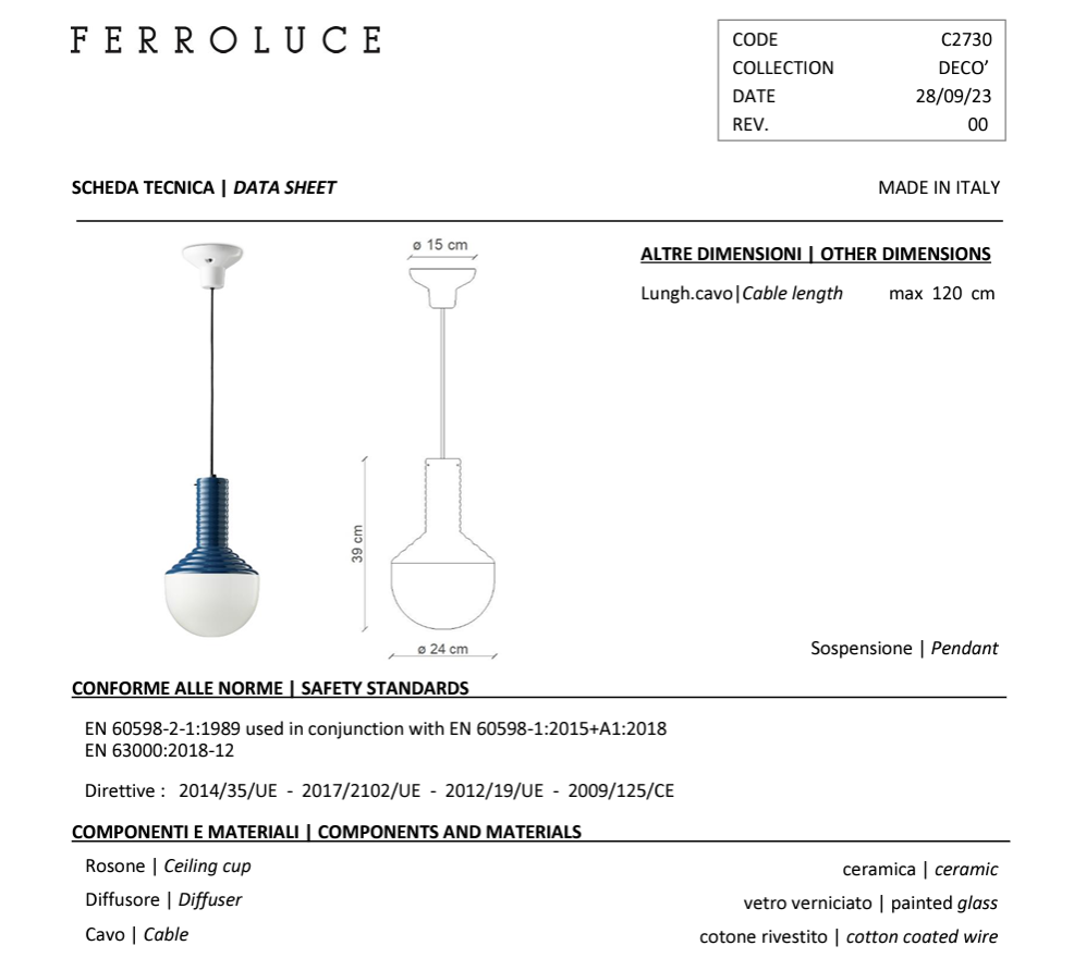 Selaròn C2730 lampadario sospensione in vetro blu
