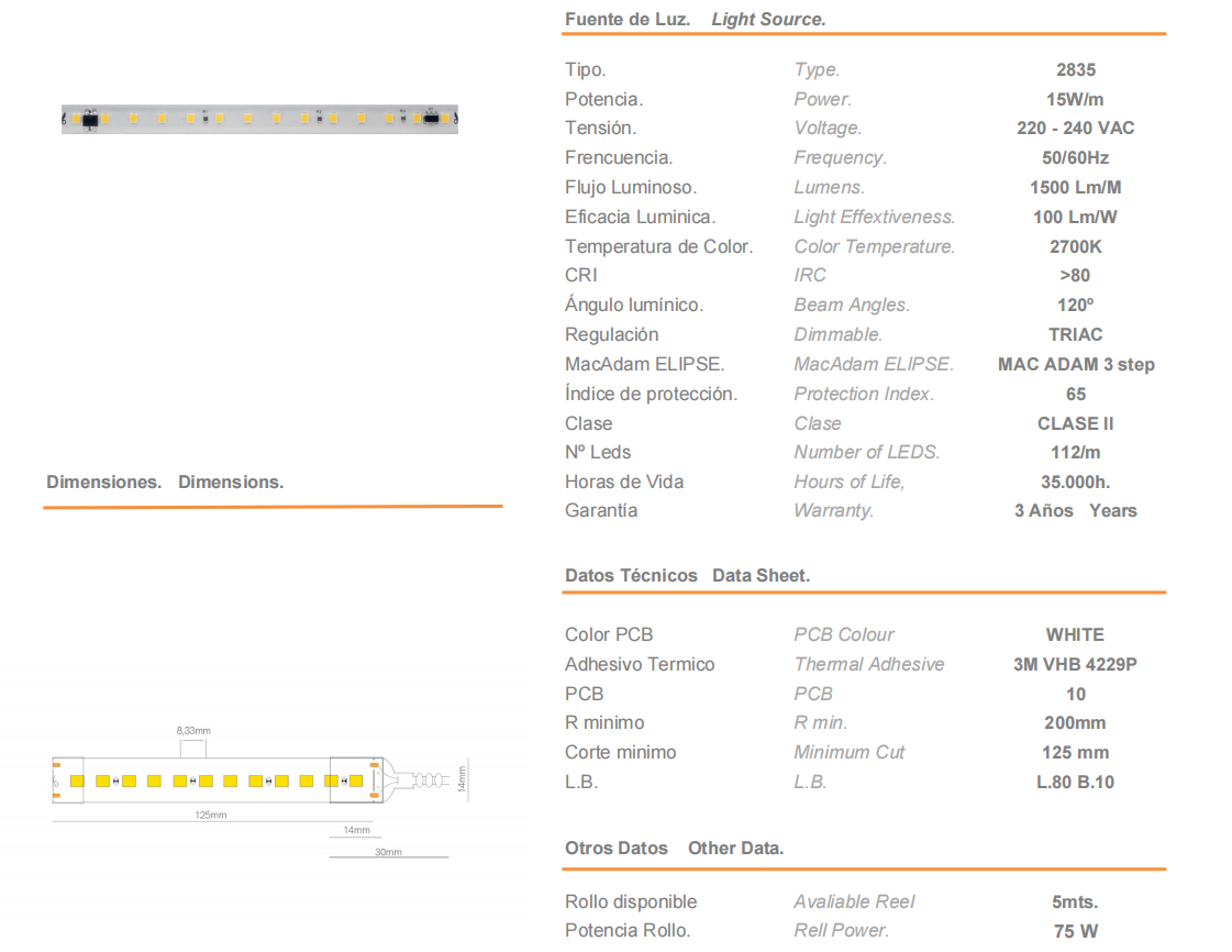 Strip LED FINE-32 CHIP 2835 230VAC 15W/M 2700K IP65 - 5 mt.