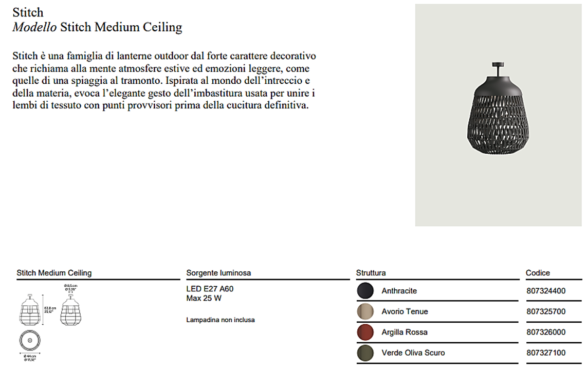 Stitch Medium Lampada da soffitto per esterno in metallo e tessuto avorio tenue