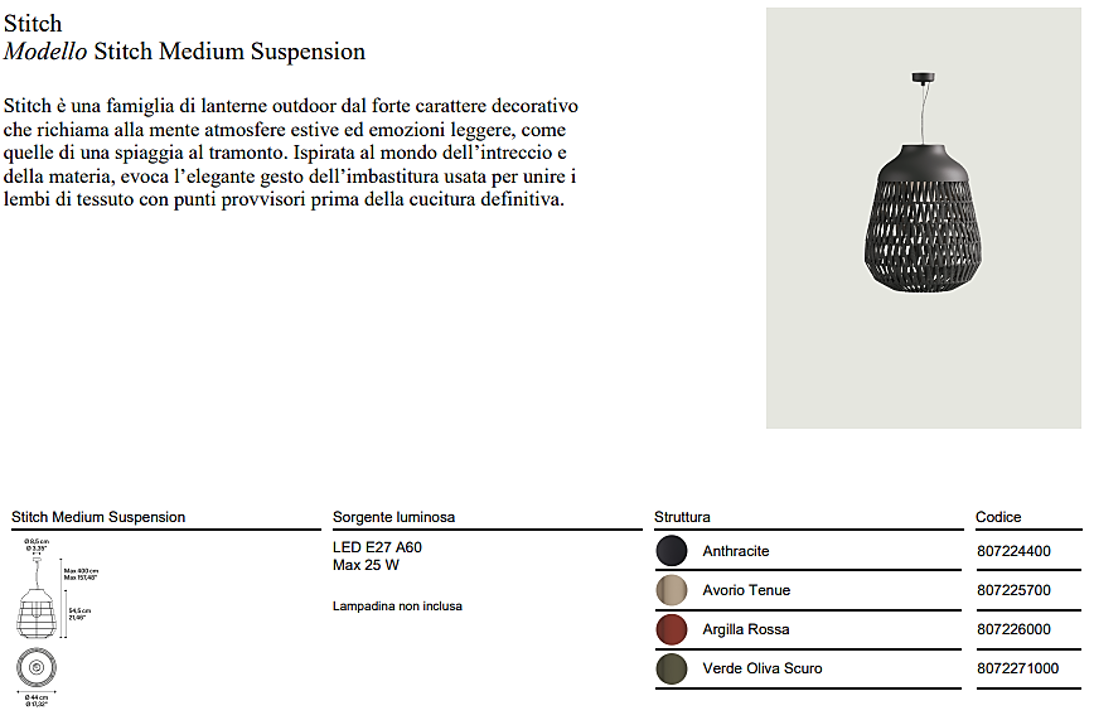 Stitch Medium Sospensione per esterno in metallo e tessuto avorio tenue