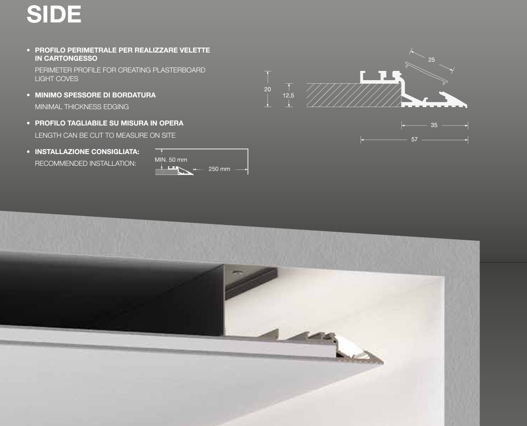 SIDE Profilo angolare interno a scomparsa per luce indiretta per Strip LED