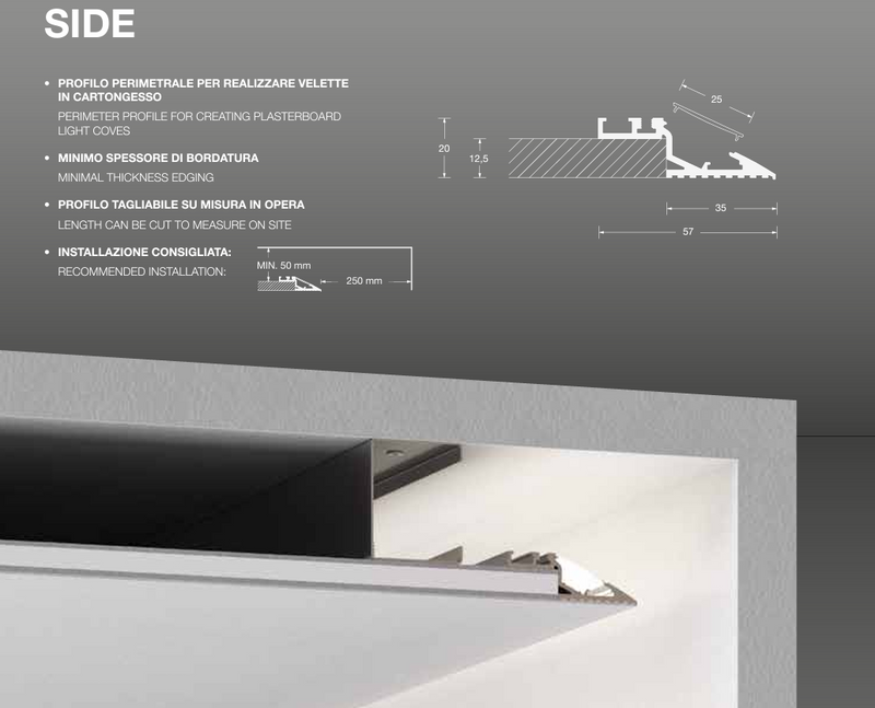 SIDE Profilo angolare esterno a scomparsa per luce indiretta per Strip LED