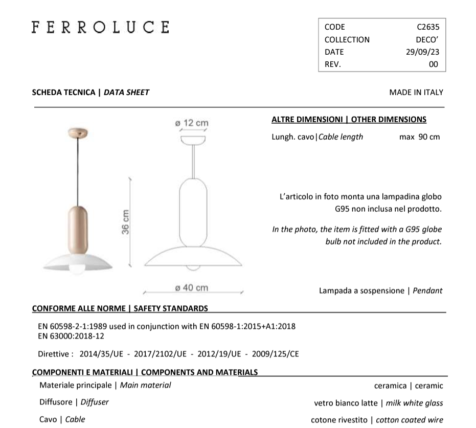 Pau C2635 lampadario sospensione ceramica decorata grigio vetro bianco lucido