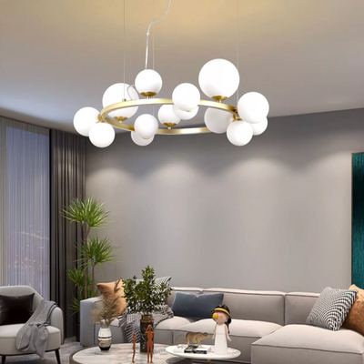 Perlage sp11 Lampadario ottone satinato vetro bianco