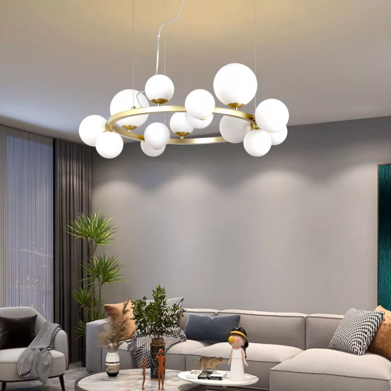 Perlage sp11 Lampadario ottone satinato vetro bianco