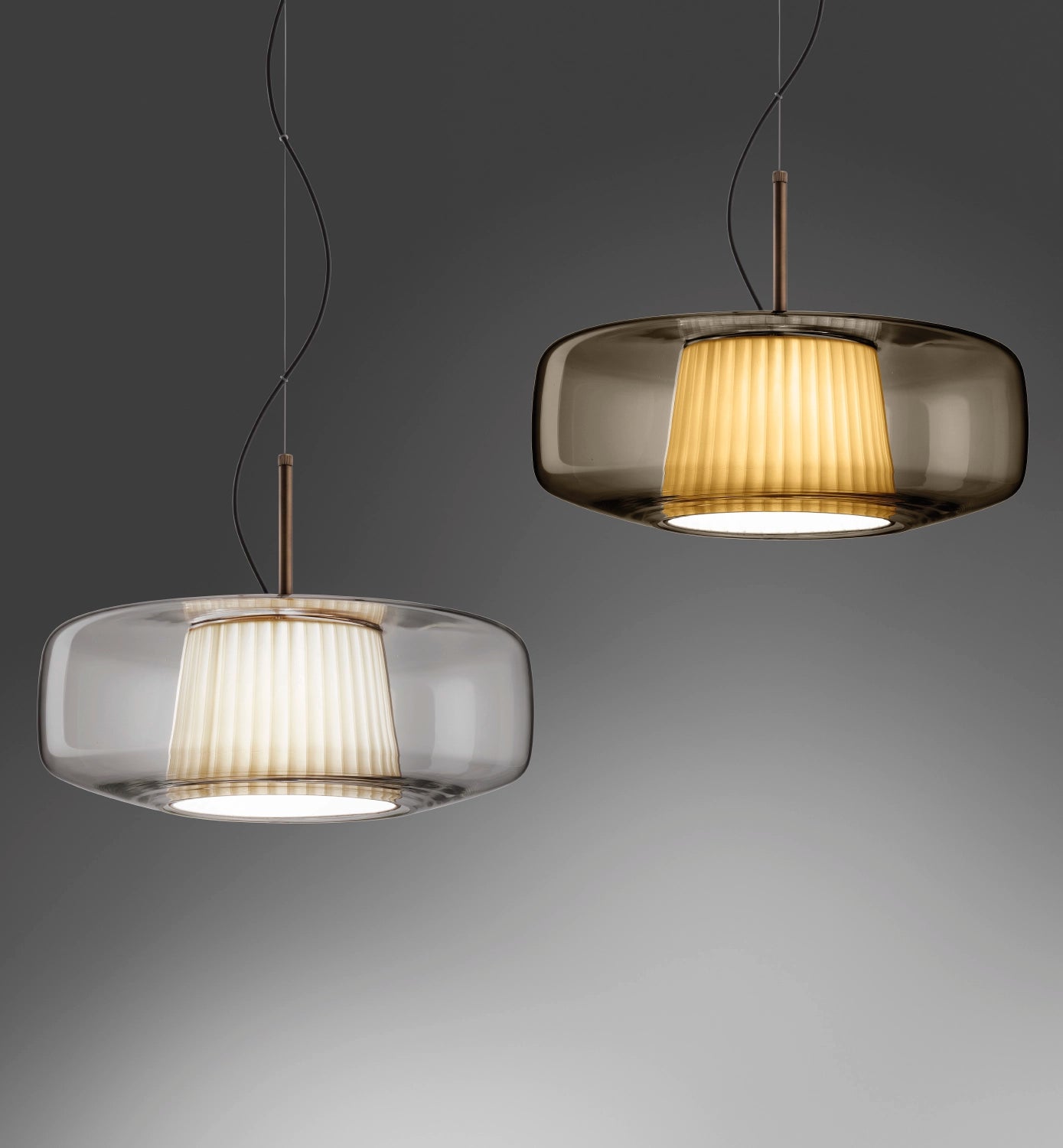 Plissè SP G Lampadario sospensione LED in vetro soffiato cristallo trasparente e tessuto