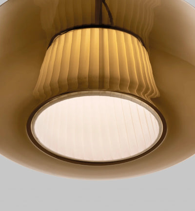 Plissè SP G Lampadario sospensione LED in vetro soffiato ambra scuro e tessuto