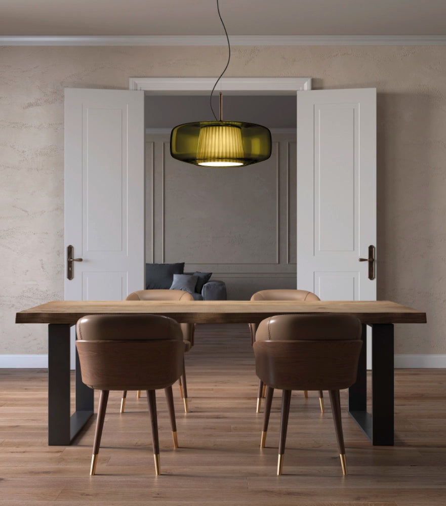 Plissè SP G Lampadario sospensione LED in vetro soffiato cristallo trasparente e tessuto
