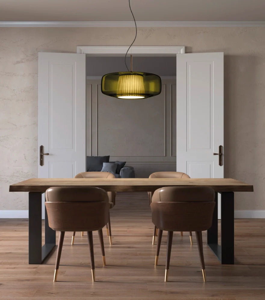 Plissè SP G Lampadario sospensione LED in vetro soffiato ambra scuro e tessuto