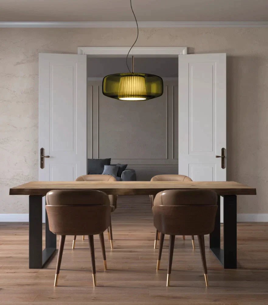 Plissè SP G Lampadario sospensione LED in vetro soffiato terra bruciata e tessuto