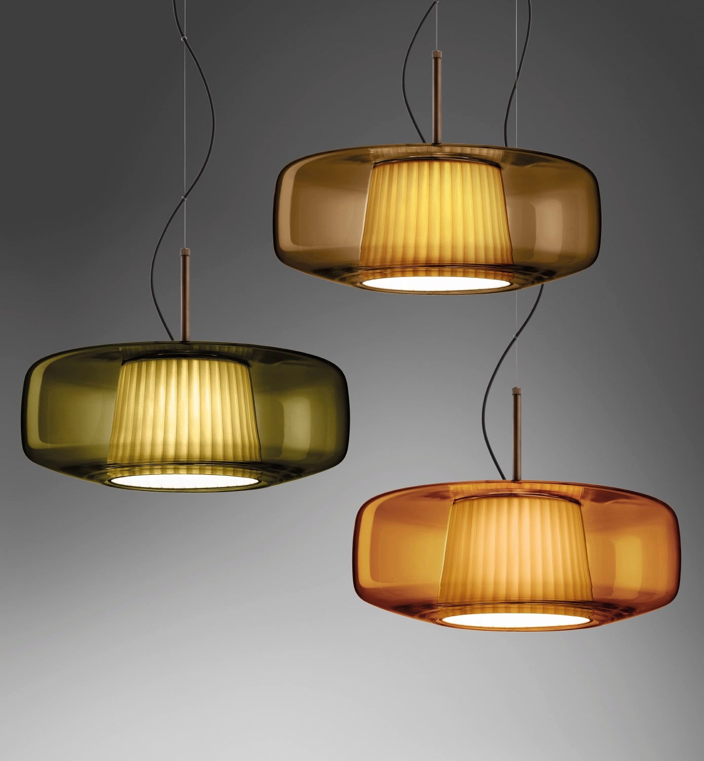 Plissè SP G Lampadario sospensione LED in vetro soffiato cristallo trasparente e tessuto