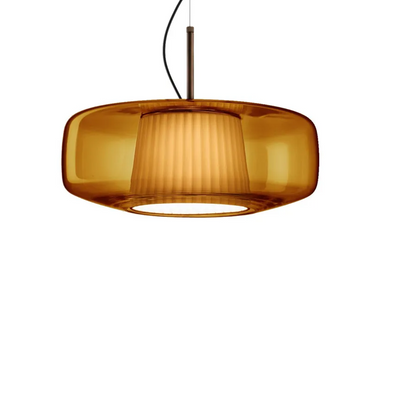 Plissè SP G Lampadario sospensione LED in vetro soffiato ambra scuro e tessuto