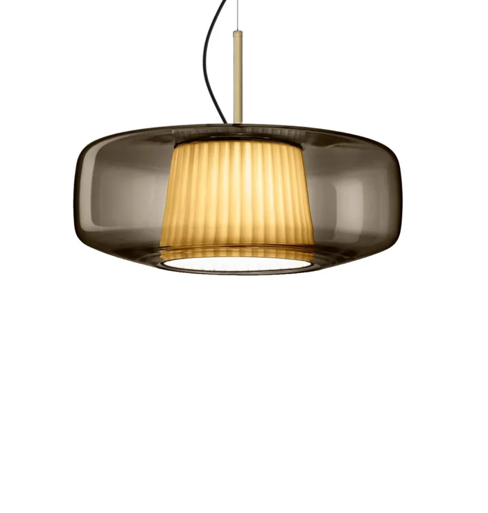 Plissè SP G Lampadario sospensione LED in vetro soffiato fumè e tessuto