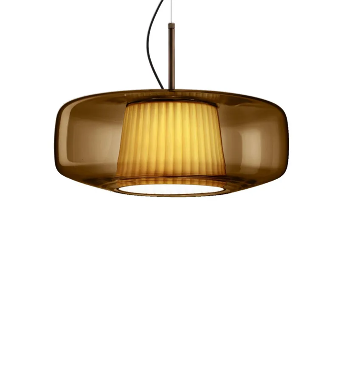 Plissè SP G Lampadario sospensione LED in vetro soffiato terra bruciata e tessuto