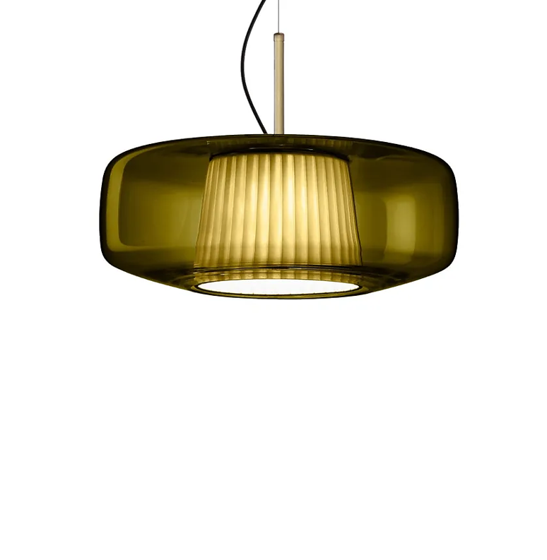 Plissè SP G Lampadario sospensione LED in vetro soffiato verde antico e tessuto