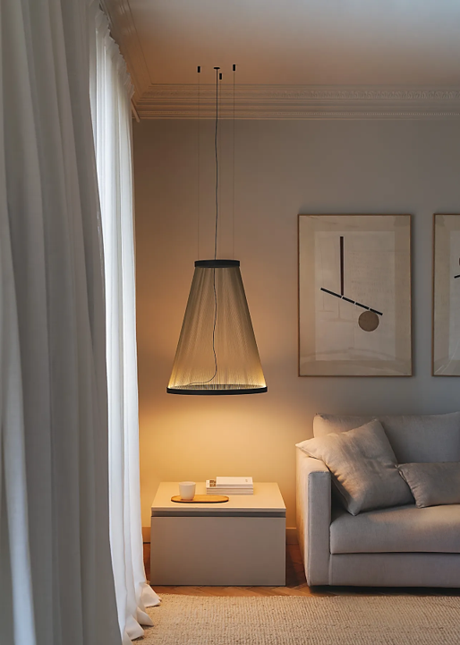 Array sospensione led fili tessuto alluminio Ø 37 h 73 cm. Beige