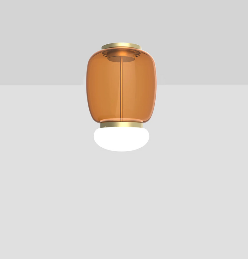 Faro PL G Plafoniera Lampada soffitto LED in vetro soffiato ambra scuro bianco