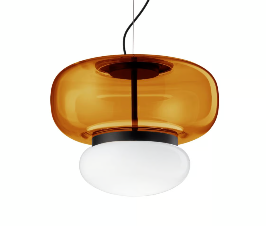 Faro SP P Lampadario sospensione LED in vetro soffiato ambra scuro bianco