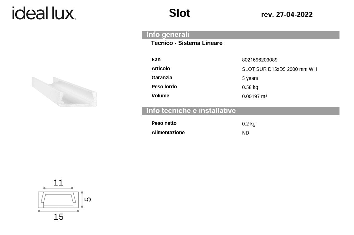 Slot surface d15xd5 2000 mm profilo alluminio superficie