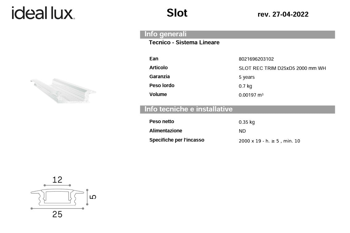 Slot recessed trim d25xd5 2000 mm profilo alluminio incasso
