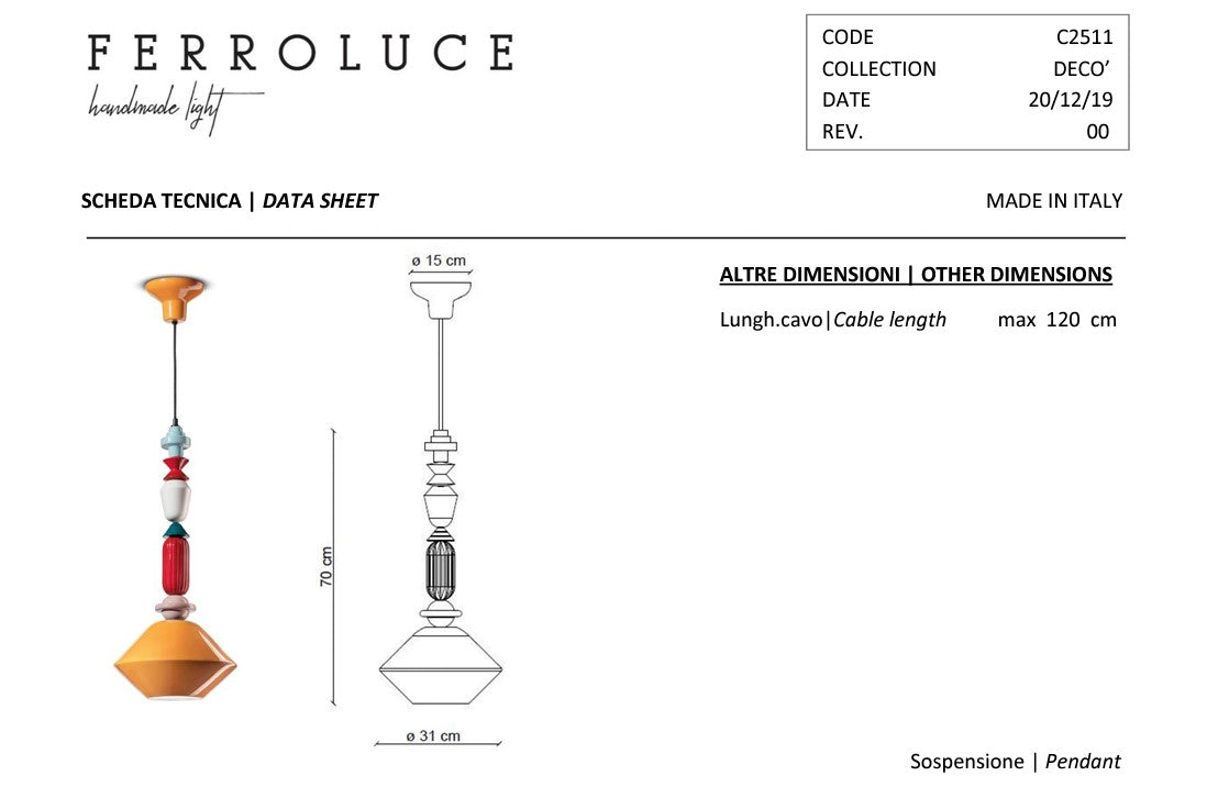 Lariat C2511 Lampadario sospensione ceramica decorata diametro 31 cm