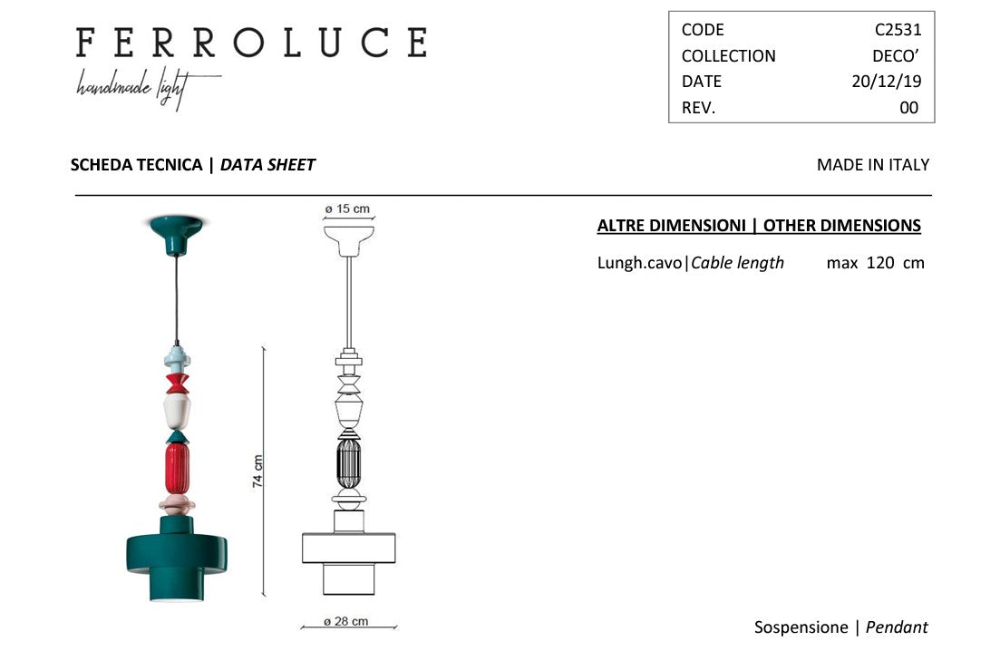 Lariat C2531 Lampadario sospensione ceramica decorata diametro 28 cm