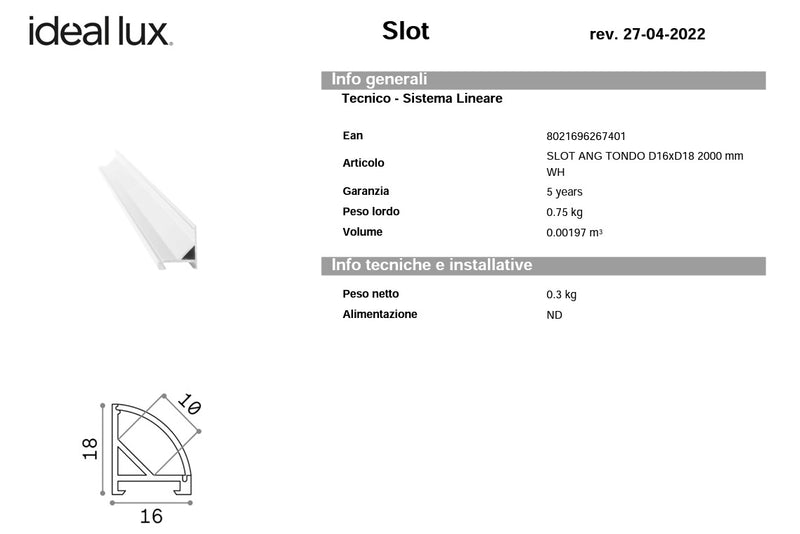 Slot angolare tondo d16xd18 2000 mm profilo alluminio superficie