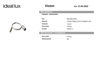 Vision trimless kit pendant 3mt accessorio profilo superficie