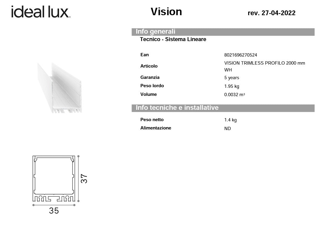 Slot sur d35x d37 2000 mm profilo alluminio superficie