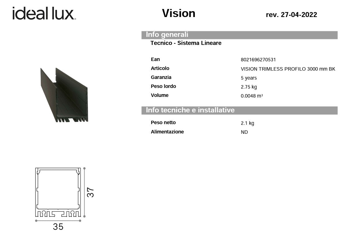 Slot sur d35x d37 3000 mm profilo alluminio superficie