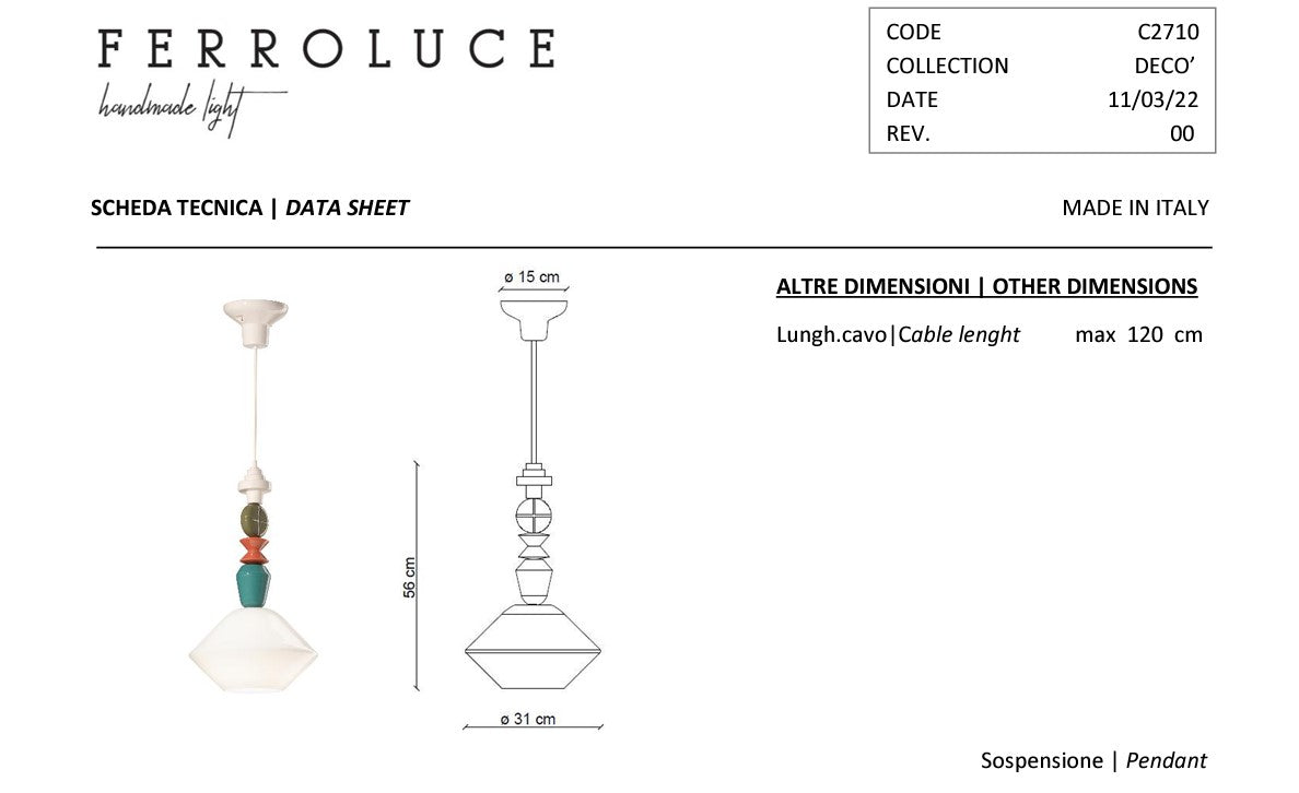 Lariat C2710 Lampadario sospensione ceramica decorata diametro 31 cm