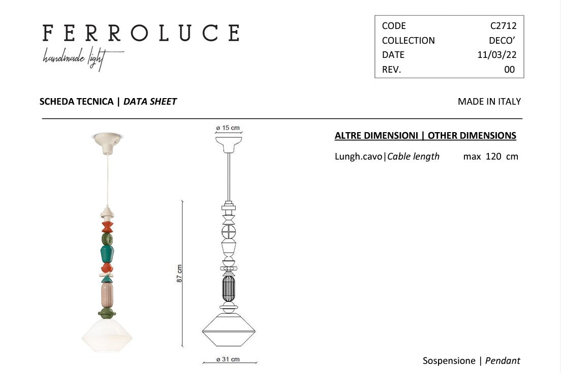 Lariat C2712 Lampadario sospensione ceramica decorata diametro 31 cm