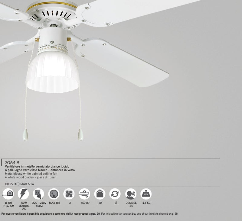 7064 B Ventilatore soffitto bianco con luce E27