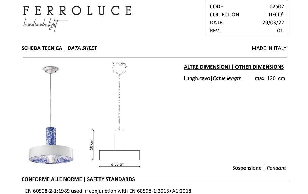 PI C2502 lampadario sospensione ceramica decorata diametro 35 cm