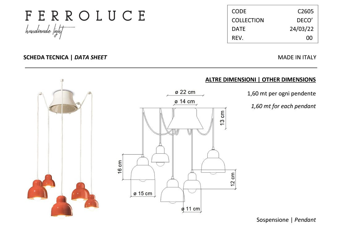 Berimbau C2605 lampadario sospensione ceramica decorata 5 luci