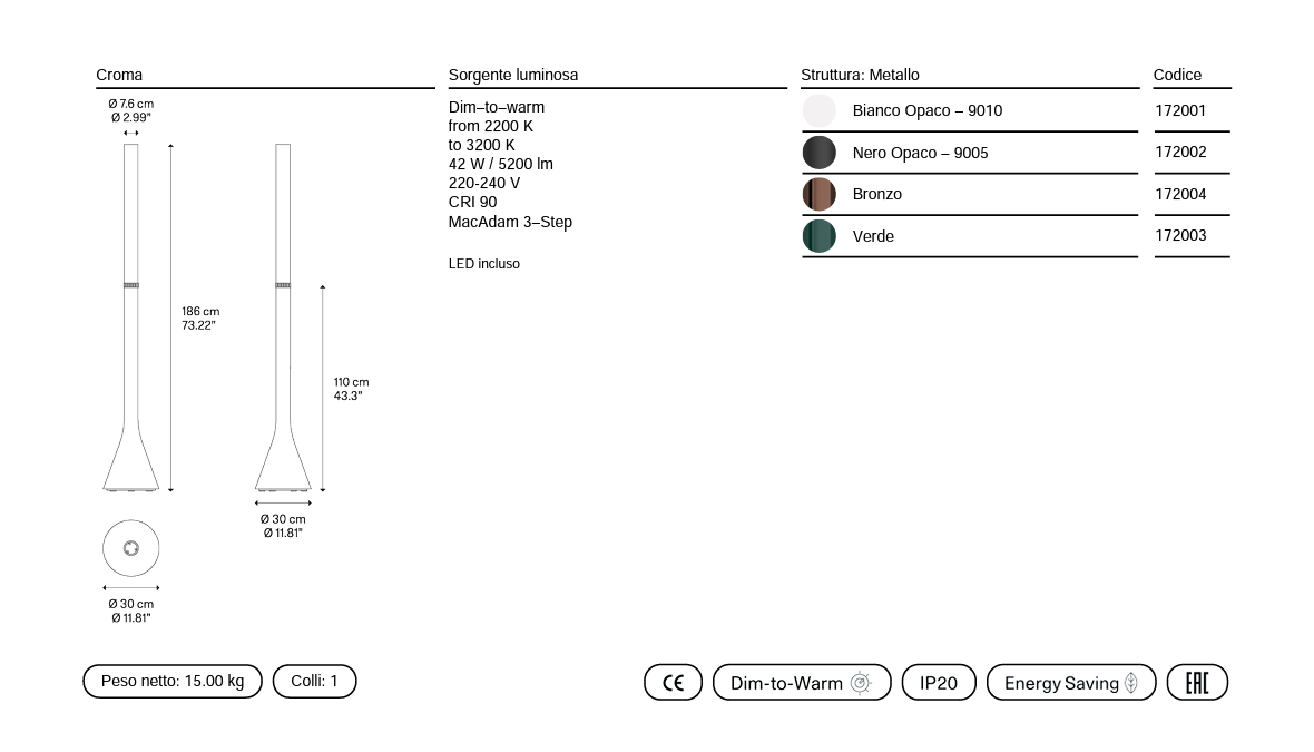 Croma PT Nero Opaco Lampada da terra LED