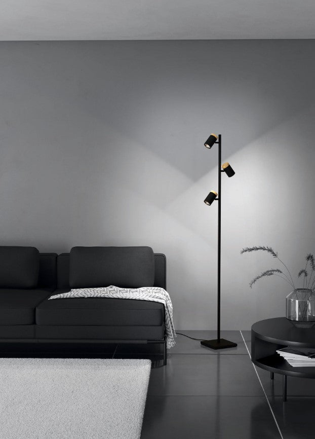 Cartagena piantana lampada terra 3 luci faretti orientabili nero e legno