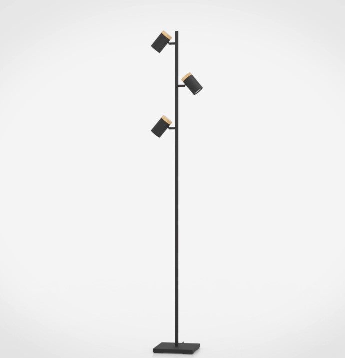 Cartagena piantana lampada terra 3 luci faretti orientabili nero e legno