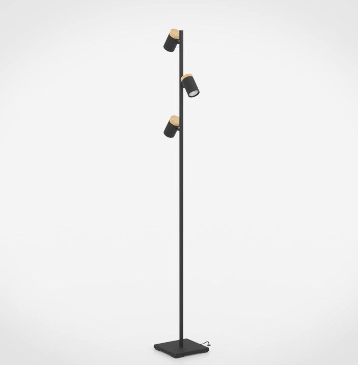 Cartagena piantana lampada terra 3 luci faretti orientabili nero e legno