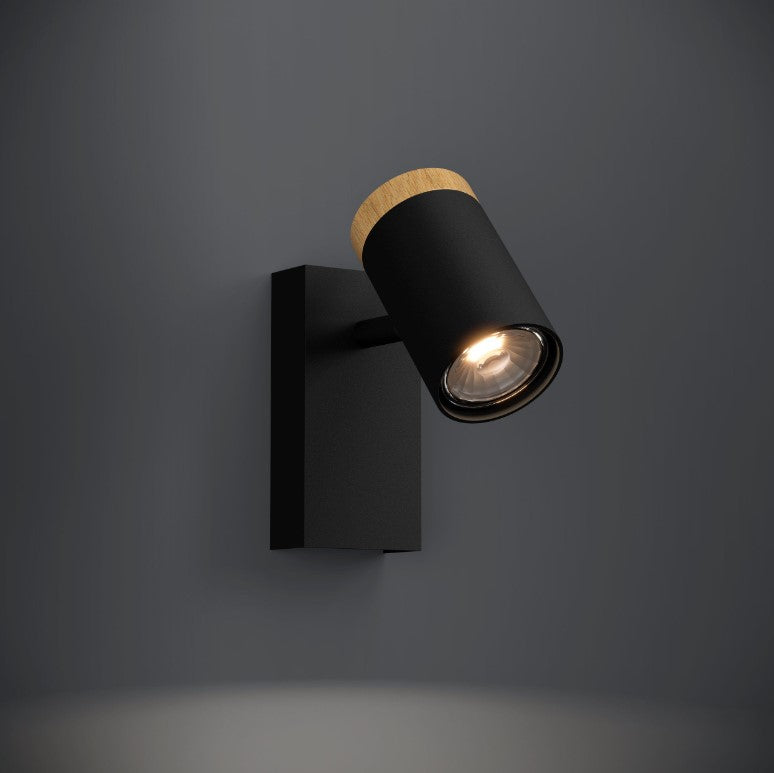 Cartagena applique lampada parete 1 luce faretto orientabile nero e legno
