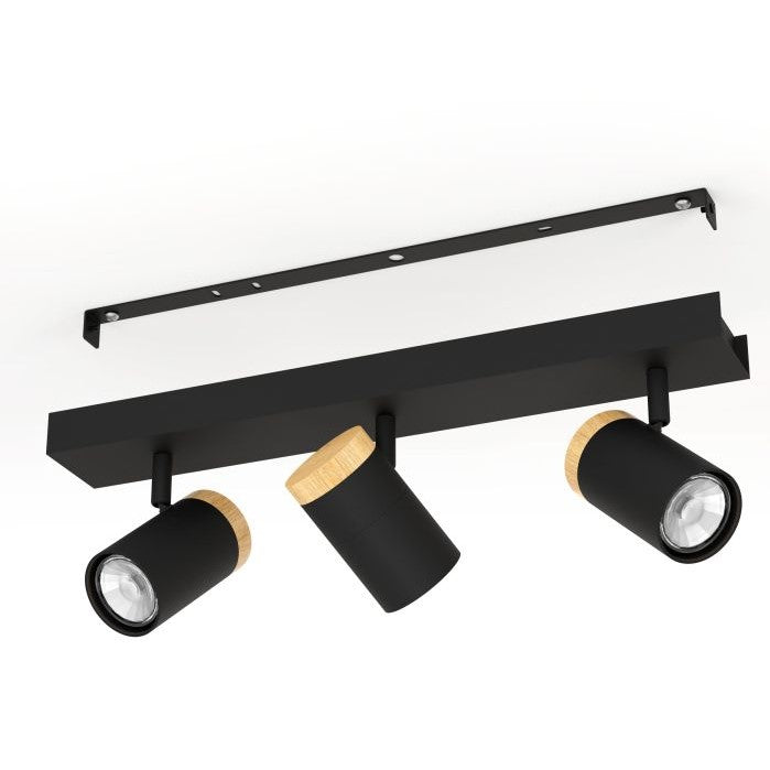 Cartagena plafoniera lampada soffitto 3 luci faretti orientabili nero e legno