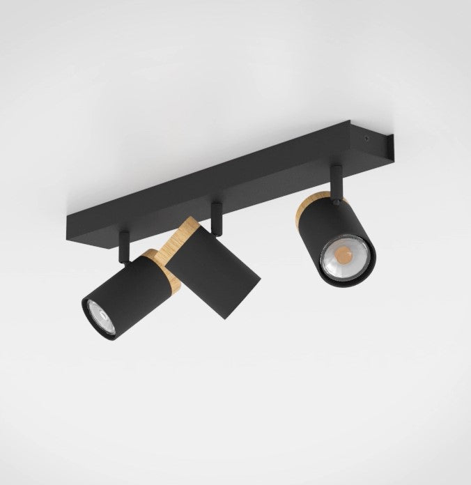 Cartagena plafoniera lampada soffitto 3 luci faretti orientabili nero e legno