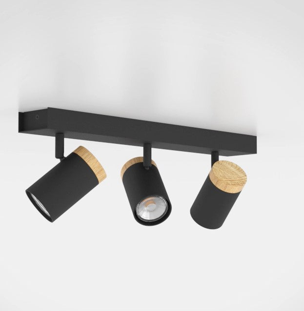 Cartagena plafoniera lampada soffitto 3 luci faretti orientabili nero e legno