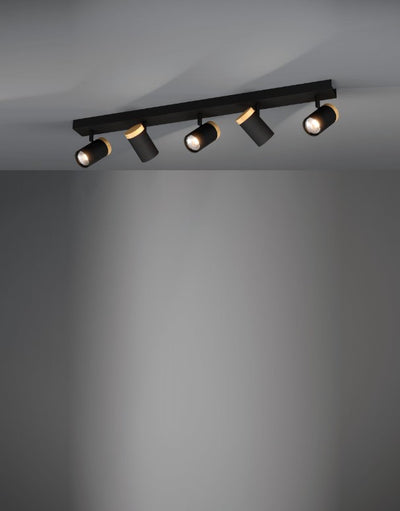 Cartagena plafoniera lampada soffitto 5 luci faretti orientabili nero e legno
