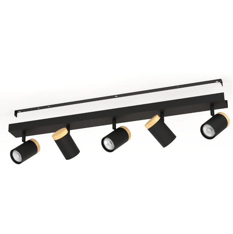 Cartagena plafoniera lampada soffitto 5 luci faretti orientabili nero e legno