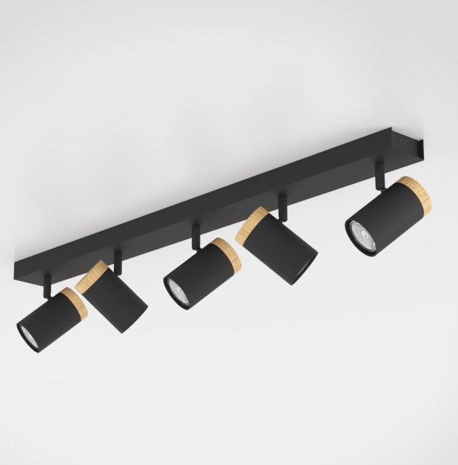 Cartagena plafoniera lampada soffitto 5 luci faretti orientabili nero e legno