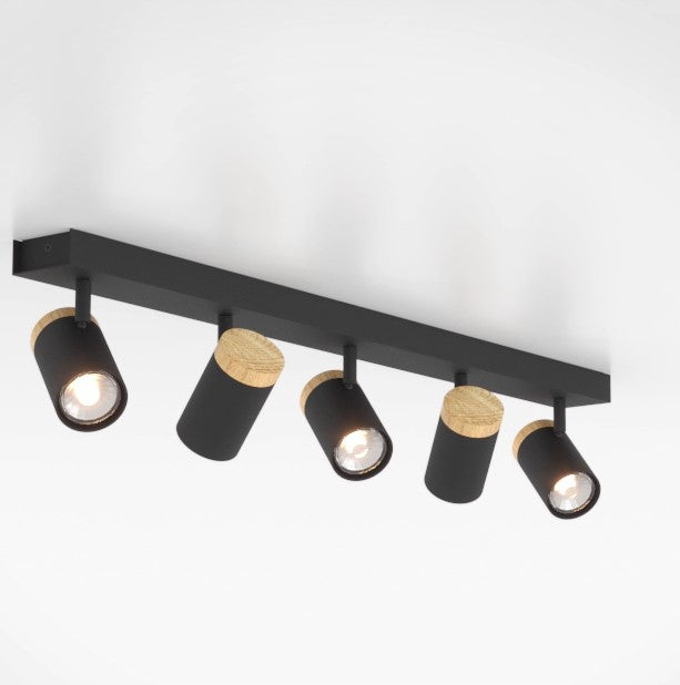 Cartagena plafoniera lampada soffitto 5 luci faretti orientabili nero e legno