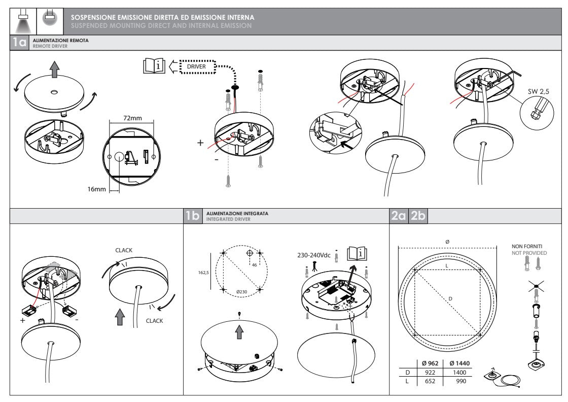 HALOS EMISSIONE DIRETTA 962 Lampada Sospensione Soffitto Parete LED 62W 3K IP40 Nero