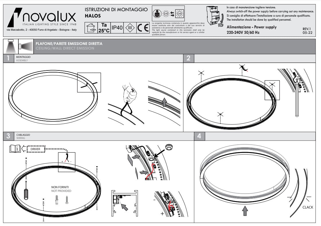 HALOS EMISSIONE DIRETTA 962 Lampada Sospensione Soffitto Parete LED 62W 4K IP40 Nero